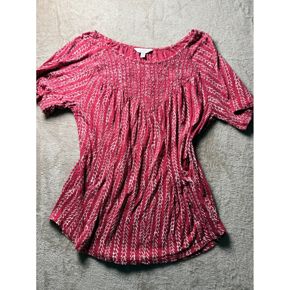 Lucky Brand Red White Chevron Smocked Short Sleeve Top Small Western Cowgirl